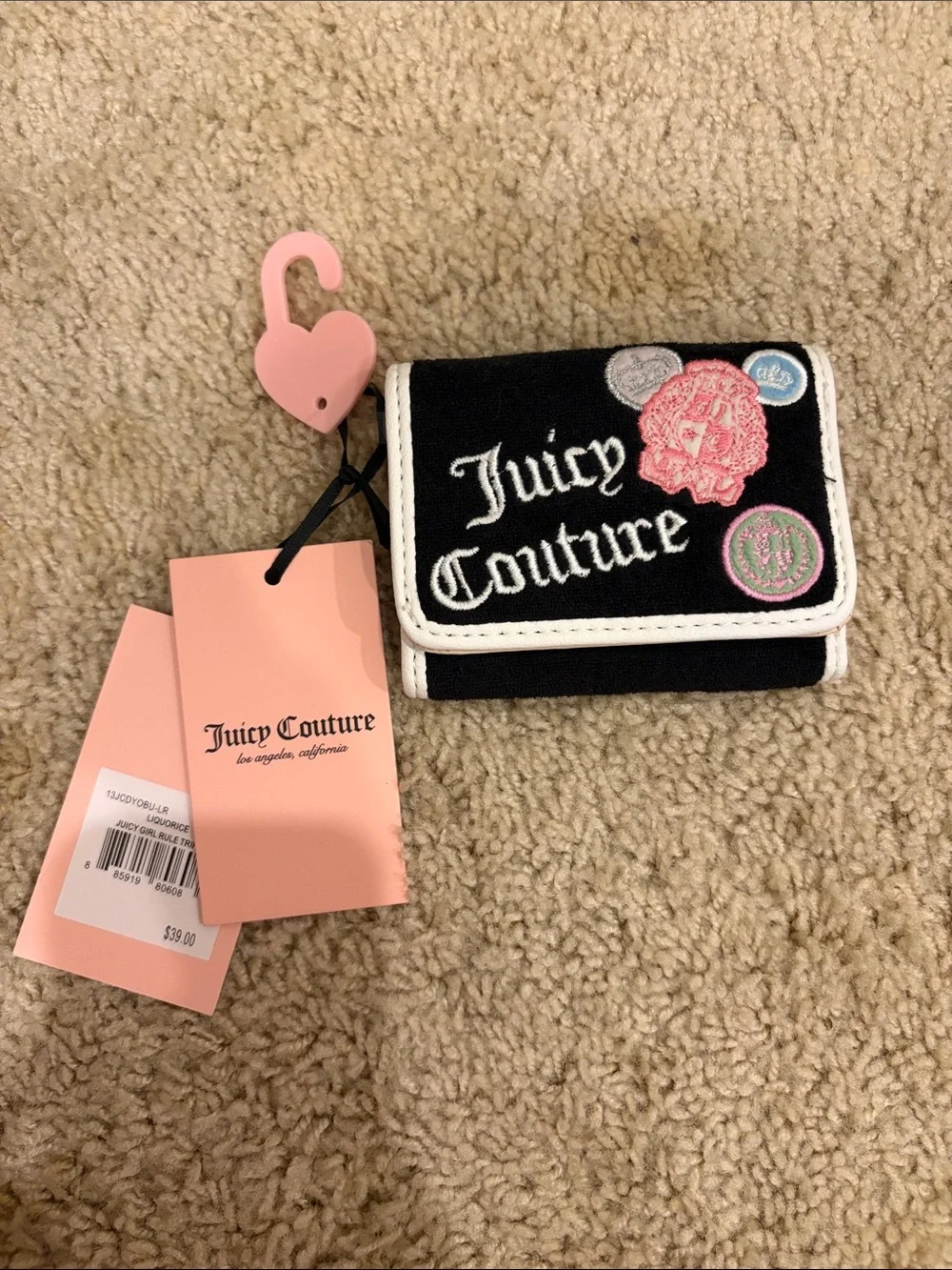 Juicy Couture Black Wallet with Pink Patch Accents and White Trim